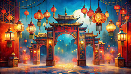Fototapeta premium Traditional Chinese gate adorned with glowing lanterns during vibrant festival night