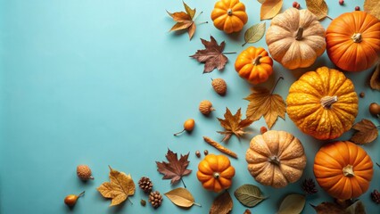 Autumnal Pumpkins and Leaves on a Blue Background