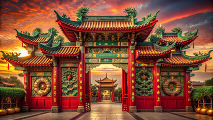 Fototapeta premium Vibrant red Chinese temple gates with intricate details under dramatic sunset sky