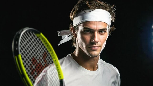 Portrait of a handsome tennis player holding a tennis racket, looking at the camera, and smiling for a victory on a black background on a tennis court with the spotlight.