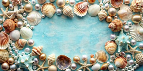 Obraz premium Seashells and pearls border on a turquoise surface, creating a serene and beachy backdrop for your text or design.