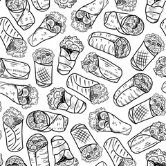 Kebab Pattern background. shawarma pattern background. burrito pattern background. Rolled Sandwich doodle illustration pattern.
