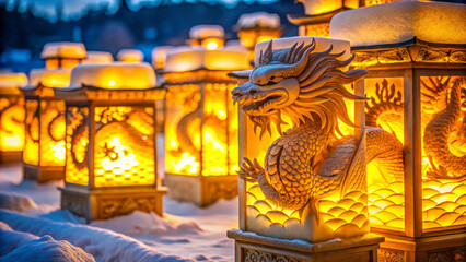 Fototapeta premium Golden dragon lanterns glowing warmly in snow at winter festival