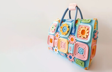 Colorful crochet bag with floral motifs standing on white background