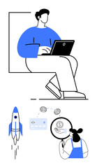 Person working on laptop, rocket launching, digital payment method, magnifying glass examining dollar sign. Ideal for technology, finance, innovation, startup, online payments investment analysis