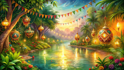 vibrant riverside scene with colorful lanterns, lush greenery, and festive decorations