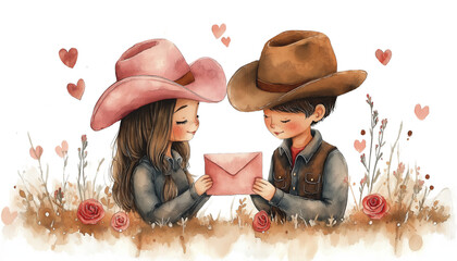 Cowboy Couple's Valentine: Watercolor illustration of an adorable cowgirl and cowboy exchanging a love letter amidst hearts and wildflowers, perfect for Valentine's Day or romantic occasions.