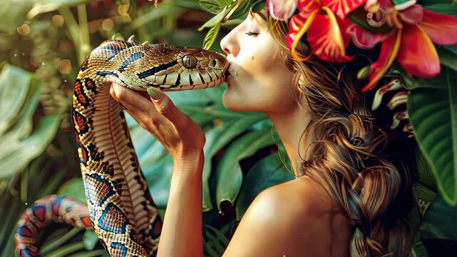 woman kisses snake portrait. Selective focus. animal.