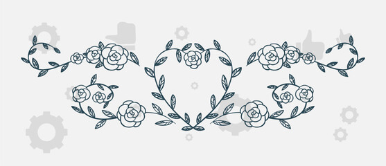 Set of wreath, flowers, leaf branches in hand drawn pattern. Foliage line art design for wedding, card, invitation, greeting, logo.