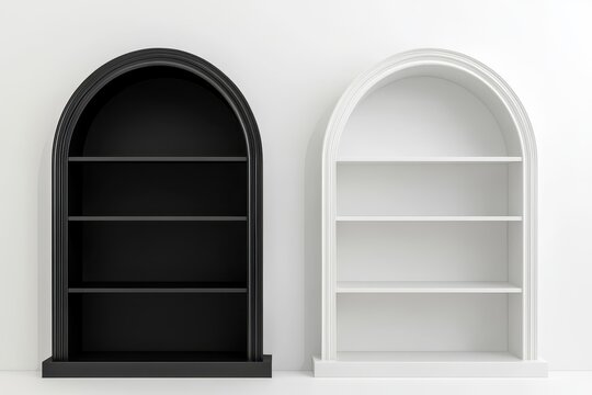 3D arched wall niches with empty shelves on contrasting backgrounds Realistic vector mock