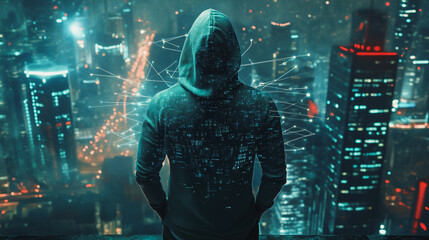 Obraz premium Hacker are planning to hack and attack networks and cyber security systems. Smart Innovation city with connection future wireless digital city and social media networking over the cityscape.