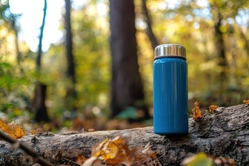 A blue camping flask on a log in the woods Idea of outdoor adventures