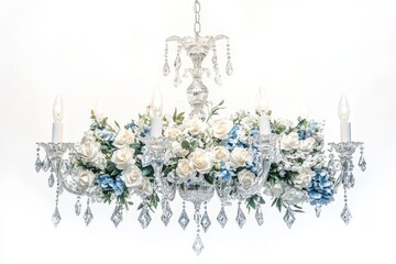 A breathtaking crystal chandelier is displayed against a white background decorated with w