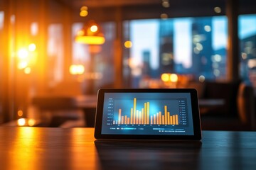 Colorful Financial Graph Displayed on a Modern Desk in a Dramatic Office Setting with Blurred Background and Captivating Side Lighting Effects