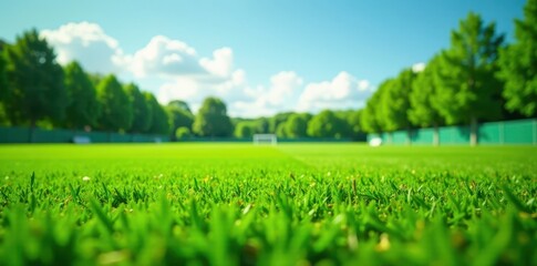 Obraz premium Vibrant green soccer pitch, shallow DOF, summer sky, summer, landscape, focus