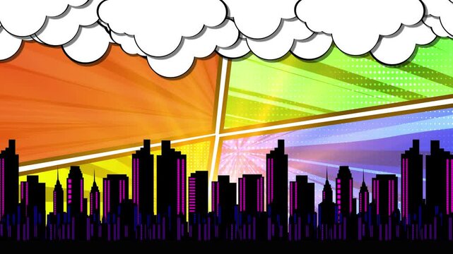 Comic City High Speed Animation With Building, Comic Building 2d Cartoon Animation Background, Comic Book Building Animation With Cloud Animation, High Speed Anime Line With Clouds And Color Changing 