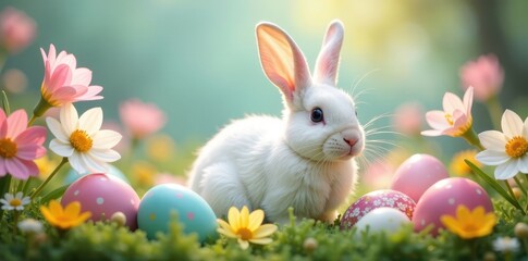 White bunny nestled amongst blooming flowers and speckled Easter eggs , holiday, nature, grass
