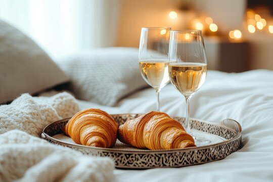 A cozy atmosphere is created by two elegantly placed wine glasses and freshly baked croiss