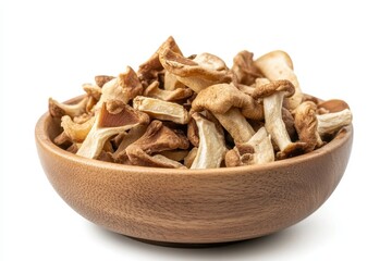 A dish of crunchy fries set against a white backdrop