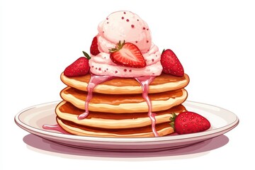 A dish of pancakes garnished with strawberries and ice cream