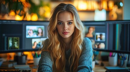A woman with long blonde hair is sitting in front of a computer monitor