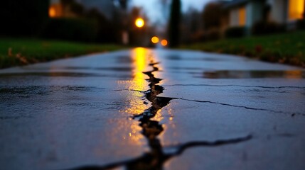 Fototapeta premium Cracked wet sidewalk at dusk reflecting warm streetlights in a quiet suburban neighborhood.