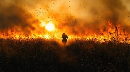 Fototapeta premium Lone figure fleeing wildfire at sunset.
