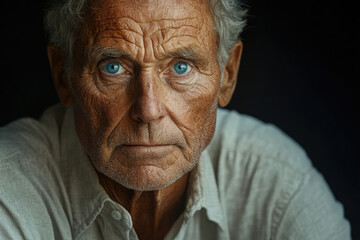 Obraz premium Close-up portrait of a weathered, blue-eyed senior man with a contemplative expression.