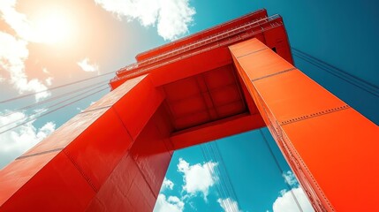 Low angle view of a vibrant red bridge tower against a partly cloudy sky.