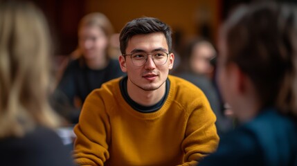 Fototapeta premium A man in a yellow sweater is talking to a group of people