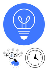 Lightbulb symbolizing ideas, person analyzing risks with icons, and an analog clock. Ideal for innovation, decision-making, planning, time management, productivity, risk assessment abstract line
