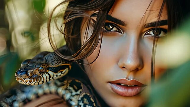 woman hugging snake portrait. Selective focus. Nature.
