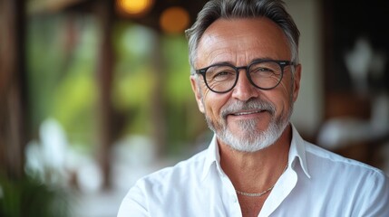 A man with glasses is smiling and wearing a white shirt