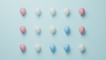 Pastel-colored balloons arranged in a grid pattern against a light blue background; perfect for celebrations, events, or minimalist designs.