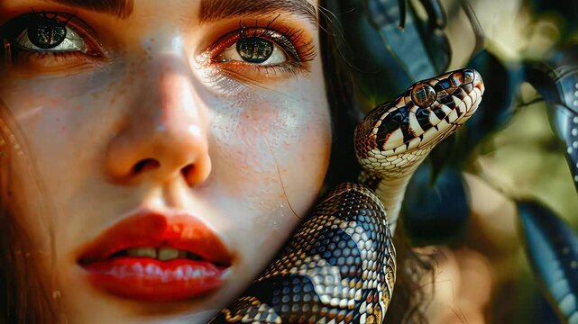 woman hugging snake portrait. Selective focus. Nature.