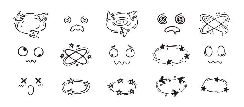 Dizzy effect drawing hand drawn doodle cartoon set. dizzy faces, birds and stars overhead emotions drawing.