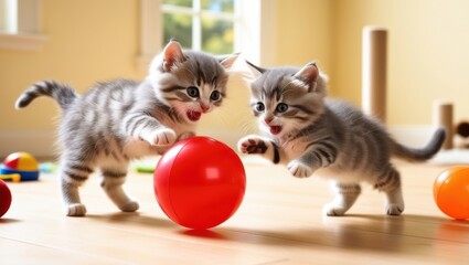 Naklejka premium two kittens playing red balls in the room