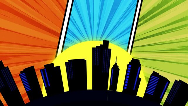 Comic Style High Speed Anime Line With Building Animation And Sun Rising Motion. Comic Retro Animation Background. City Building Comic Book Animation.