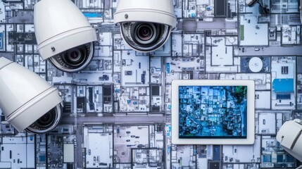 A table with a tablet and three security cameras on top of it