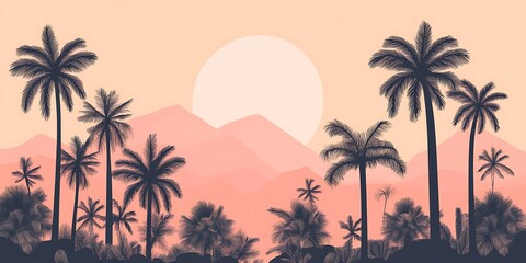 Fototapeta premium Sunset silhouette of palm trees on a mountain range.