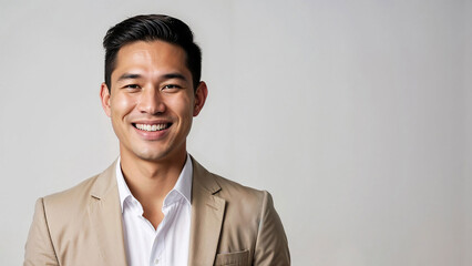 a smiling Southeast Asian businessman on a white background