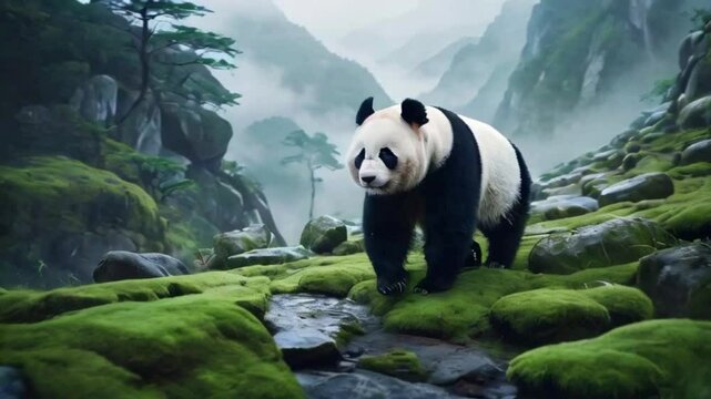 A panda wandering through foggy mountains moss-covered rocks serene, misty, 2d flat anime cartoon style illustration, anime-style 4k lofi hip-hop bites landscape music animation video