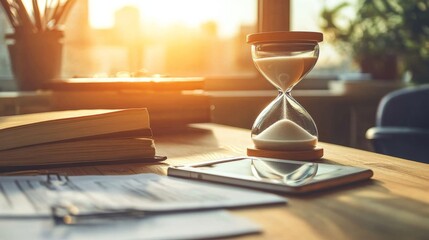 A glass sand timer sits on a desk next to a book and a tablet