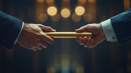 Two men are holding a golden baton, one of them is wearing a suit