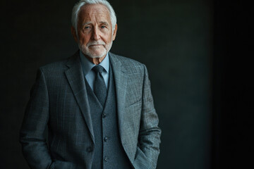Fototapeta premium Portrait of a confident senior businessman in a gray suit, exuding wisdom and experience.