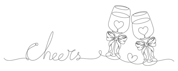 wine glass cheers continuous line art style.birthday party vector