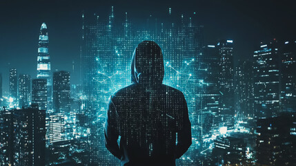 Hacker are planning to hack and attack networks and cyber security systems. Smart Innovation city with connection future wireless digital city and social media networking over the cityscape.