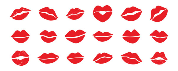 lips kiss clipart. lips kiss hand drawn silhouette symbols. Decor red lips cartoon drawing elements set