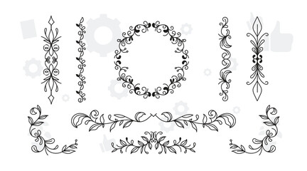 Obraz premium Collection of floral frames with silhouettes of branches, leaves and flowers. Hand drawn elegant delicate botanical borders and wreaths. Vector isolated elements for wedding invitation, card, logo