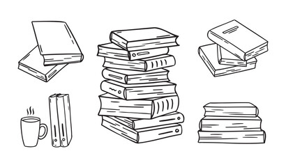 Hand drawn stack of books. doodle different outline pile of books. linear style icons set. Drawing books variations.